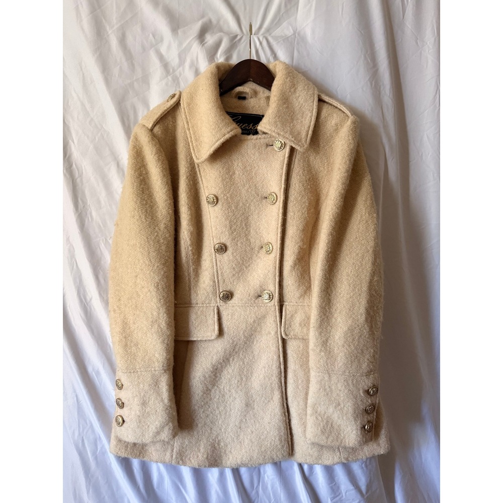 Guess Cream Wool Blend Double Breasted Pea Coat Gold Crest Buttons Size Large